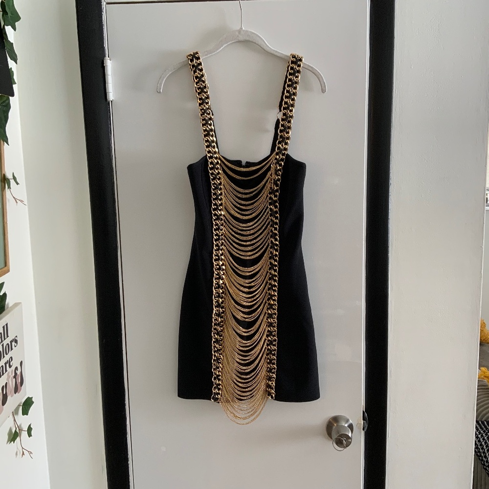 Akira Black Mini Dress Gold Chain Draped Bodycon Size Small New